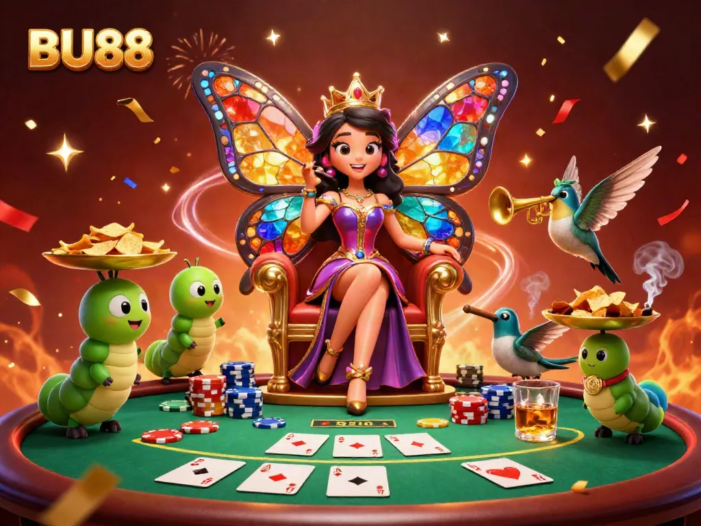 Engage with BU88's vibrant casino scene featuring a butterfly queen, poker elements, and celebratory effects.