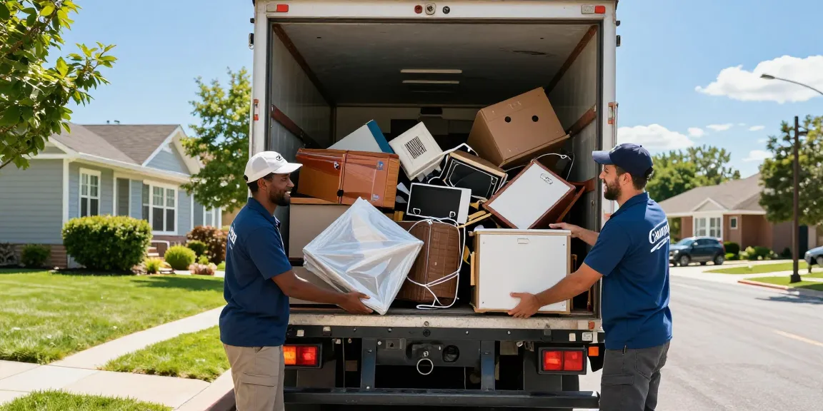 Efficient target Junk Removal Vancouver team loading household items into truck on sunny day.