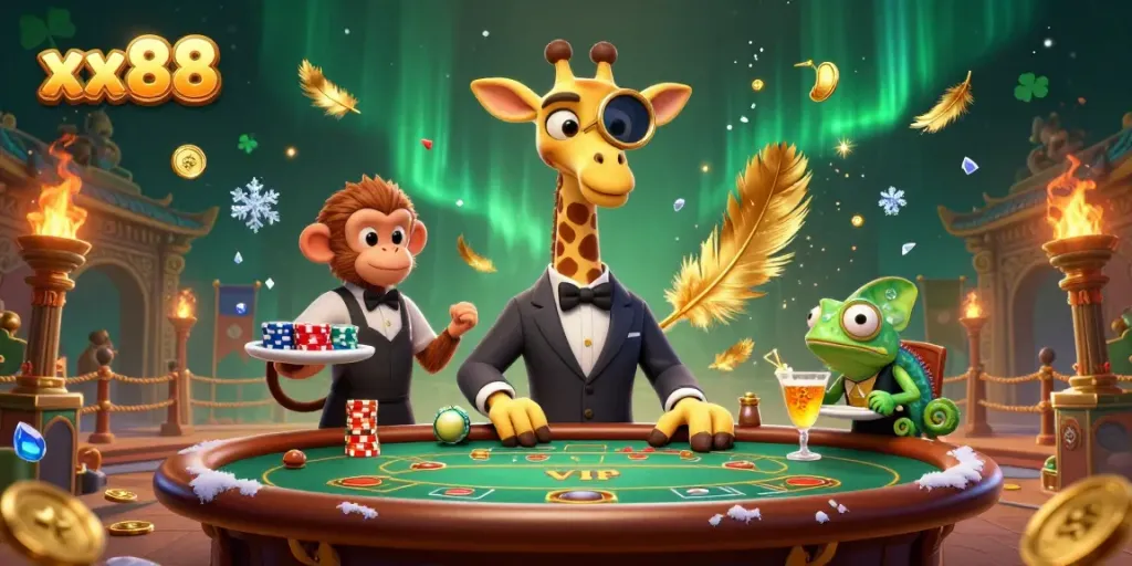 Experience high-stakes gaming with xx88 at a vibrant poker table featuring unique characters.