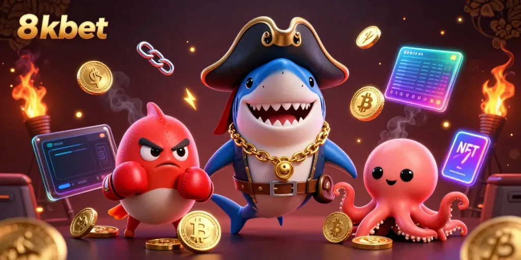 Engage with 8xbet's vibrant gaming world featuring an adventurous shark, lively pufferfish, and treasure-holding octopus.