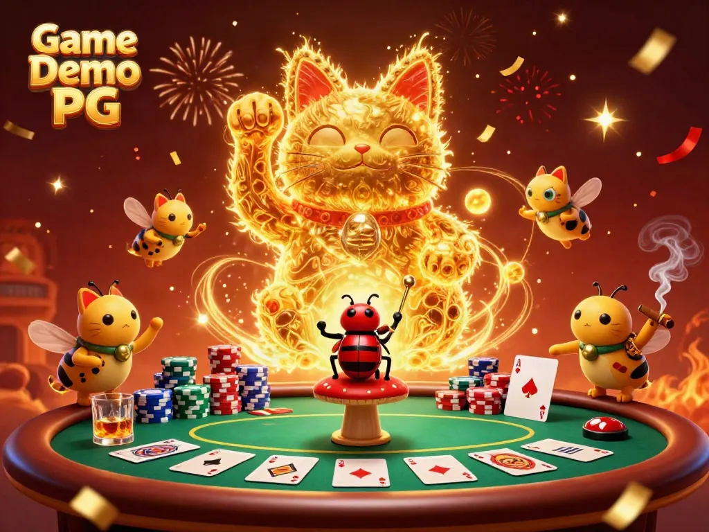 Engage with Game Demo PG's lively casino scene featuring a giant lucky cat and vibrant poker elements.