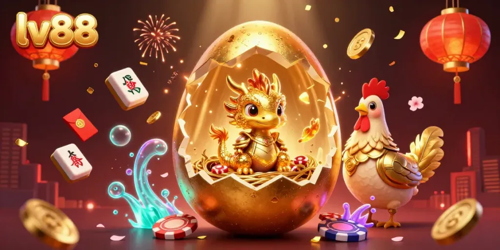 Experience thrilling gameplay with lv88's golden dragon and poker chips, amidst a vibrant casino atmosphere.