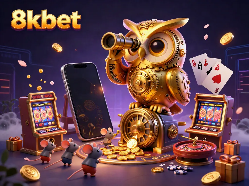 Experience exciting 8xbet action with golden owl and vibrant casino elements in a dynamic scene.