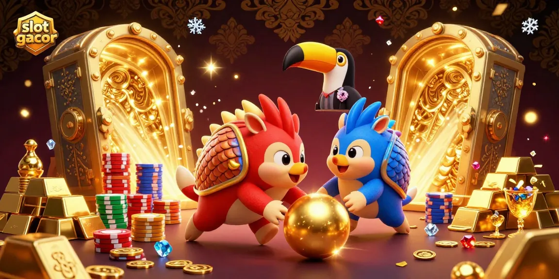Engage in slot gacor with vibrant pangolins rolling through golden slots and treasure in a lively casino scene.