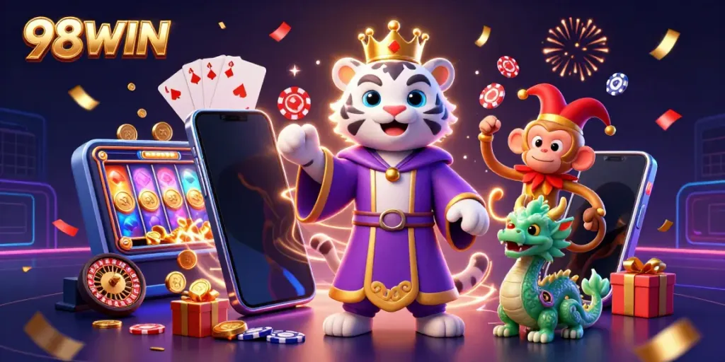 Experience the excitement at 98WIN with a vibrant scene featuring a playful tiger, monkey, and dragon among casino games and gold.
