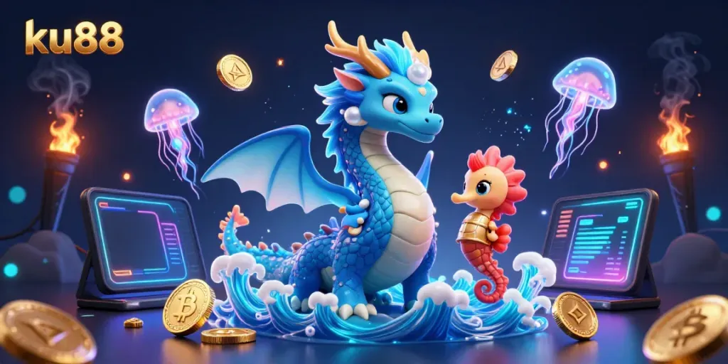 Spin to win at ku88 with a vibrant scene of a dragon, seahorse knight, and jellyfish surrounded by gaming elements.