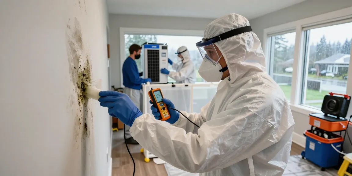 Mold Remediation Vancouver expert inspecting for hidden mold with moisture meter, showcasing professional equipment in a residential setting.