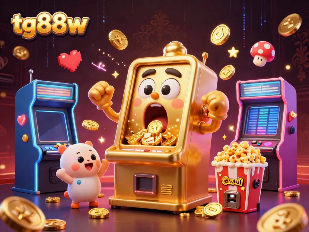 Experience big wins at tg88w with a vibrant illustration of golden slot machines celebrating their jackpot.