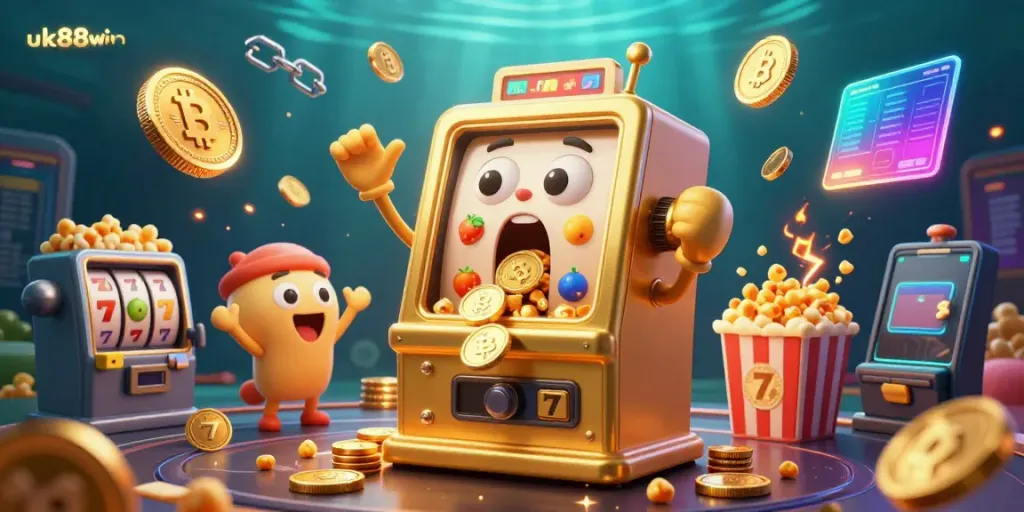 Experience the excitement at uk88win with a joyful golden slot machine hitting a jackpot amid cheering companions and vibrant casino elements.