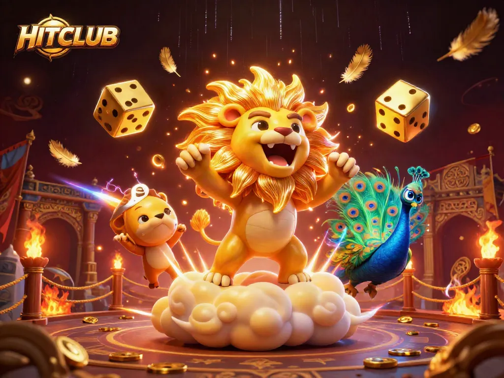 Experience the thrill of HITCLUB amid golden dice, roaring sun lion, and vibrant casino elements.