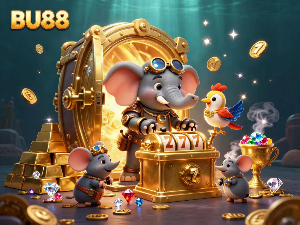 Spin the BU88 slot machine with a steampunk elephant engineer amidst treasures and gems!