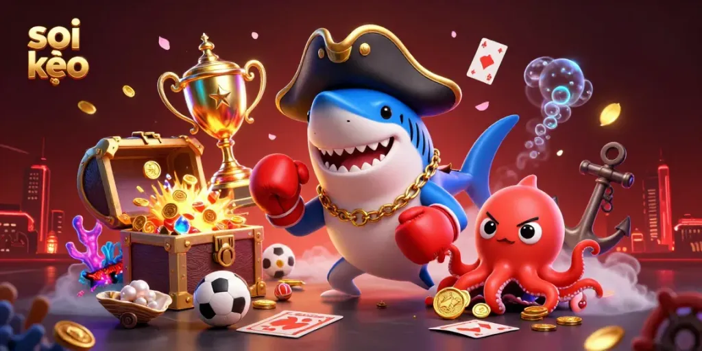 Engage in soi kèo sports betting with dynamic characters, including a pirate shark and a colorful octopus amidst winnings.