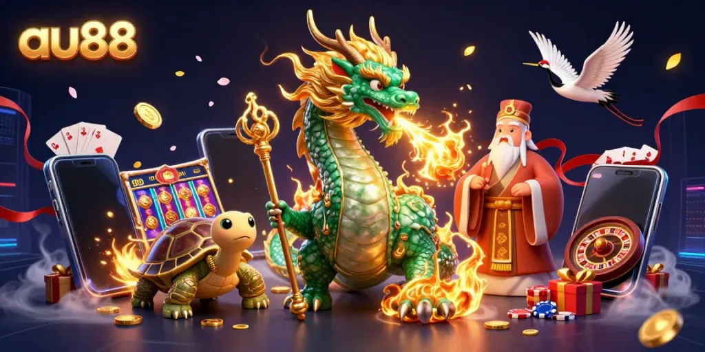 Experience the thrill of au88 with a dynamic scene featuring an emerald jade dragon and colorful slot games.