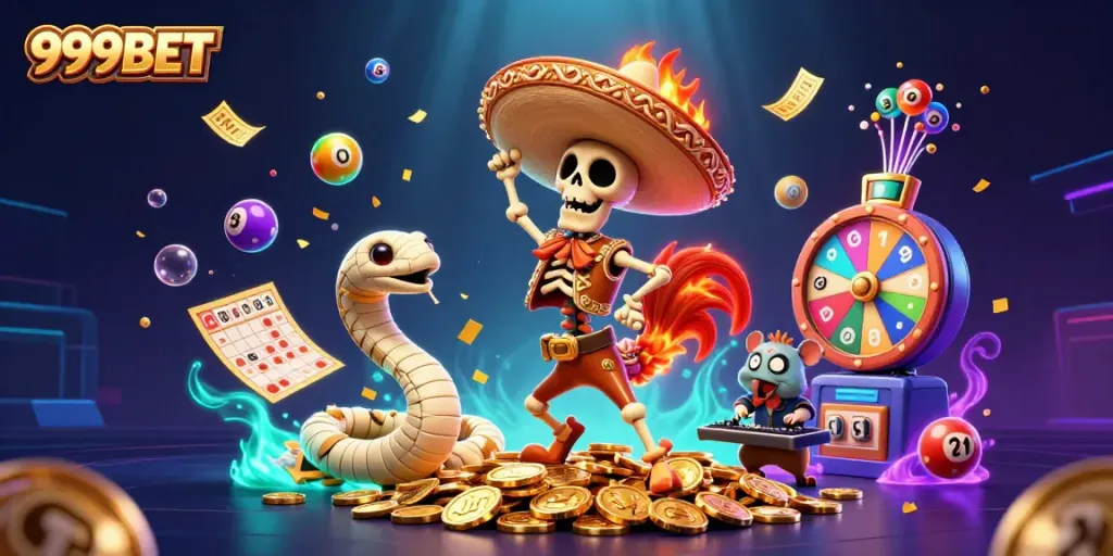 Experience the thrill of winning with 999BET's vibrant 3D casino illustration featuring playful characters.
