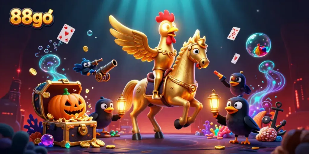 Experience the thrilling casino world with 88go, featuring a golden rooster and floating treasures in a magical scene.