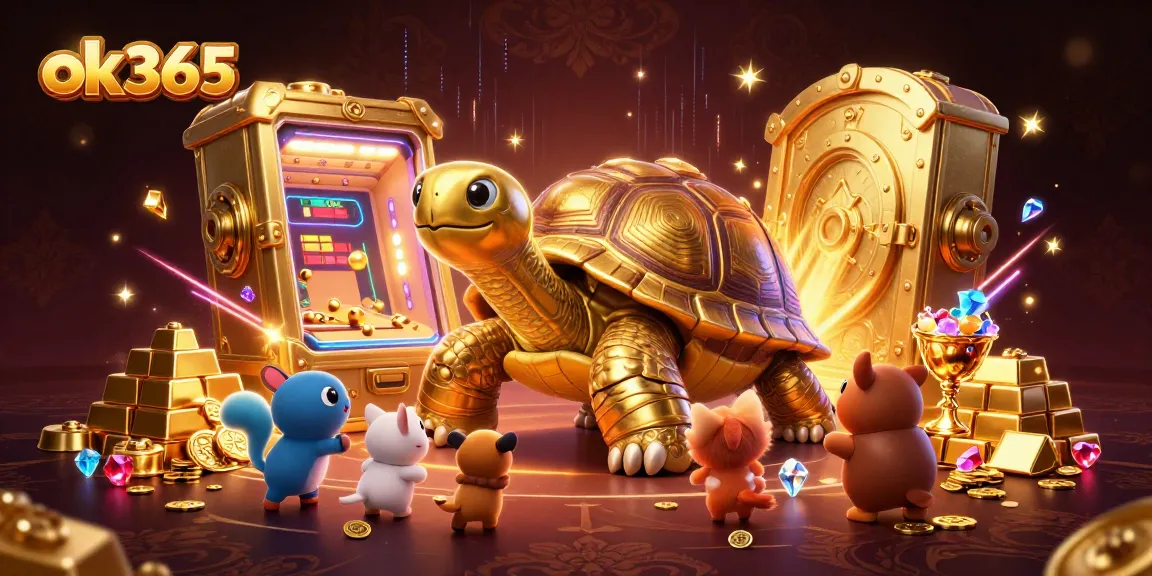Spin the giant tortoise's pinball machine at ok365 with treasures and gems surrounding eager players.