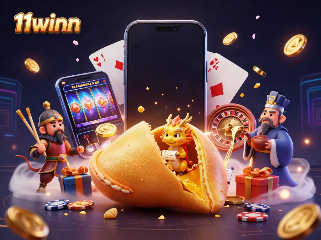 11winn captivates players with a vibrant scene showcasing a fortune cookie, wise dragon, and dynamic casino elements.