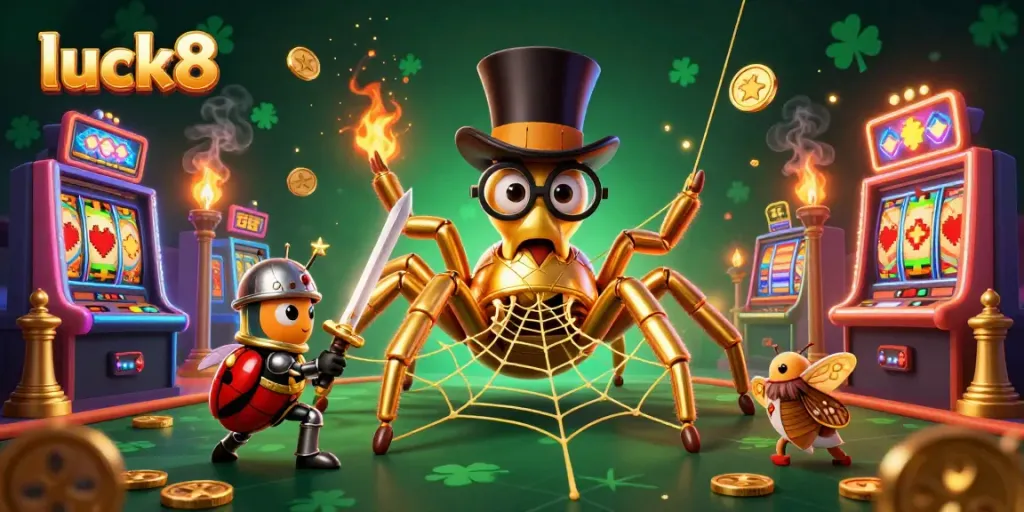 Immerse in the luck8 casino world with a golden tarantula and beetle knight in a dynamic slot game scene.
