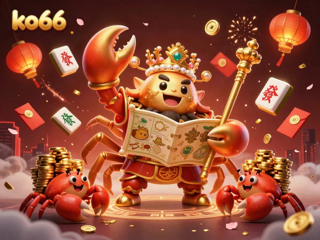 Engage with ko66's vibrant casino experience, featuring the golden crab emperor and colorful game elements.