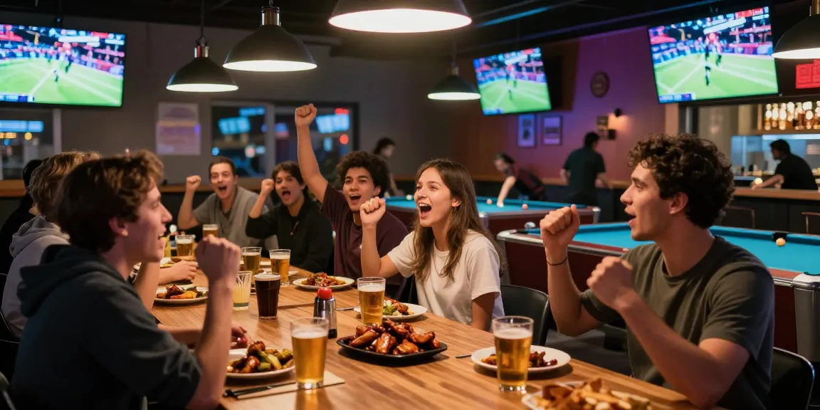 Exciting social scene at sports bar Mississauga with friends enjoying food and games