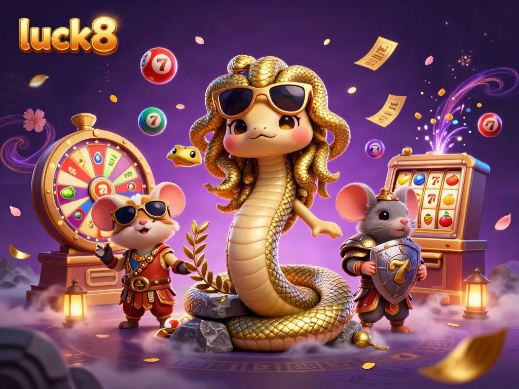 Experience the excitement of luck8 with colorful lottery balls and Medusa in a vibrant casino scene.