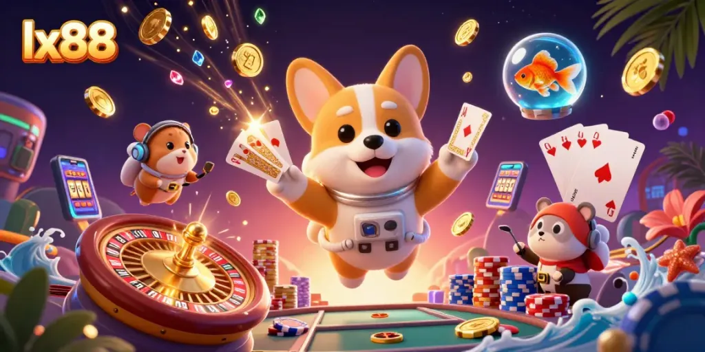 Spin the reels at lx88 with a lively 3D illustration featuring playful characters in a casino setting.