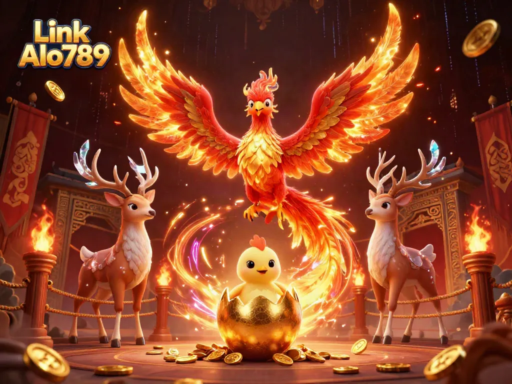 Witness the dynamic action of Link Alo789 with a fiery phoenix scene in a thrilling gambling arena.