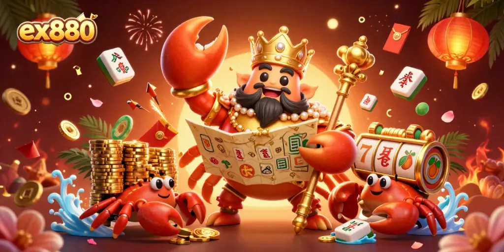 Experience the vibrant ex880 casino scene with a golden crab emperor amidst riches and gaming excitement.