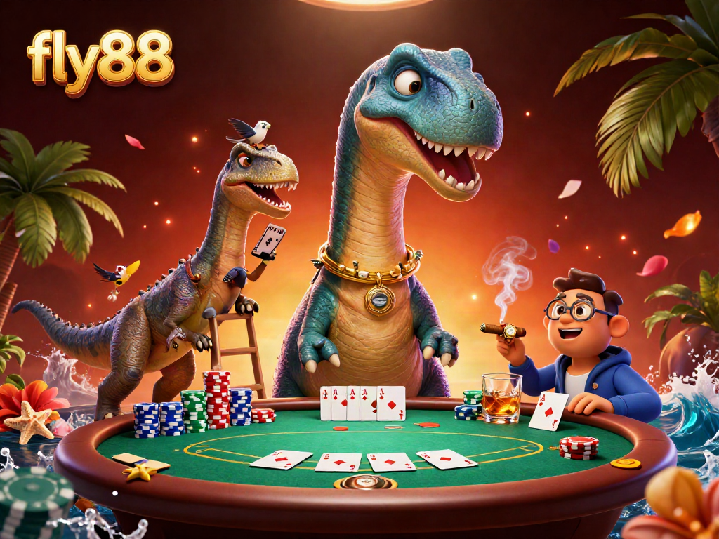 Engage in fly88's thrilling poker scene with a giant brontosaurus and clever raptor dealer.