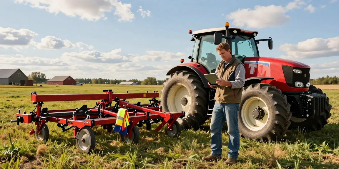 Farmer using Aglist to compare farm equipment specifications outdoors in Canada.