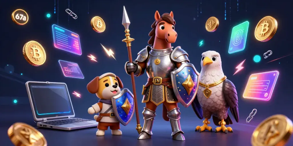 Engage with 67a’s vibrant gaming scene featuring a knight, puppy, and falcon surrounded by crypto elements.