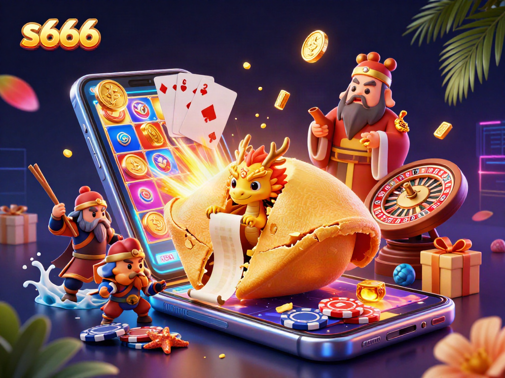 S666 players winning big with a 3D illustration of a fortune cookie and casino games.