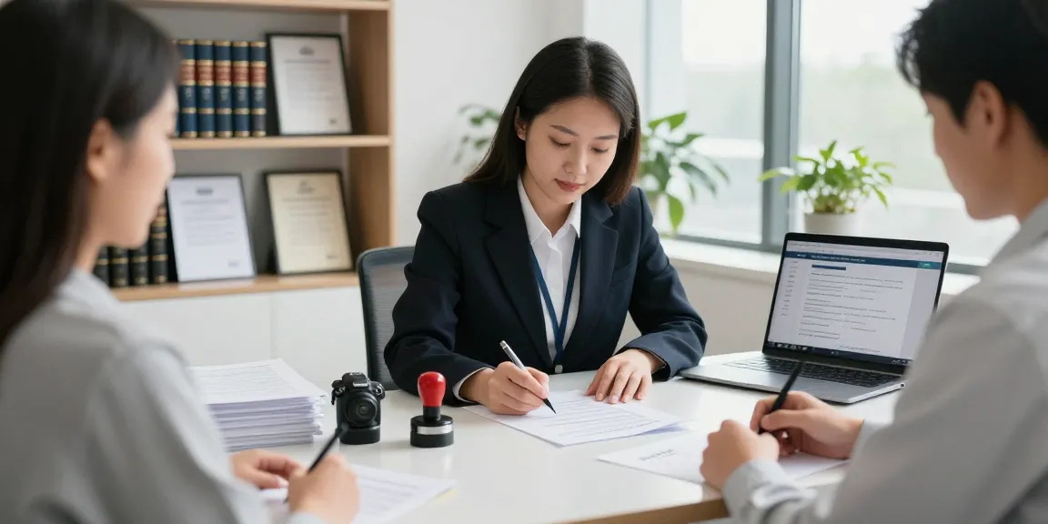 Notary public in Brampton assisting clients with document notarization in a professional office.