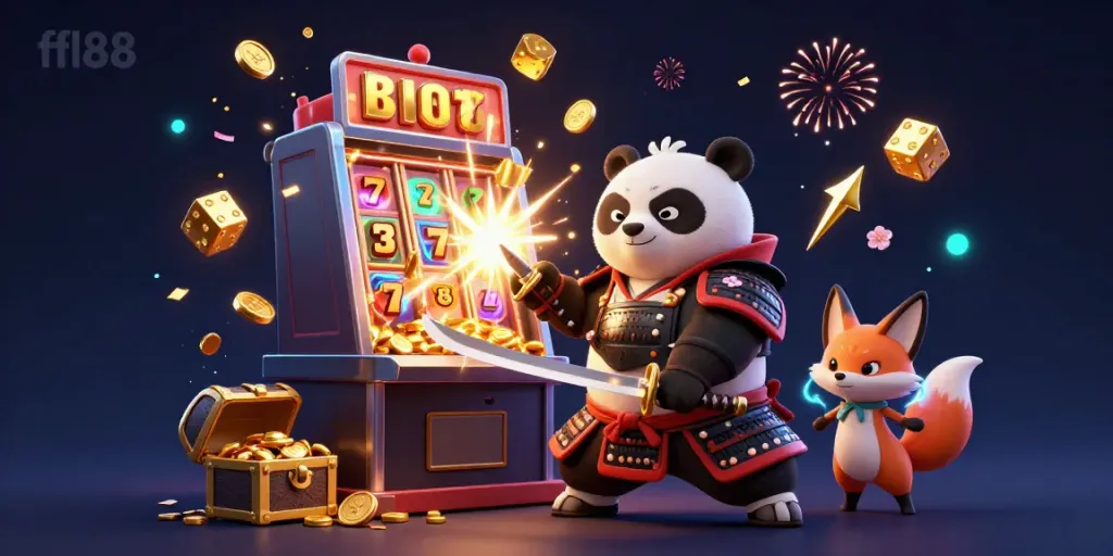 Experience the excitement of fl88 with a 3D cartoon illustration featuring a samurai panda and ninja fox immersing in a rich casino ambiance.