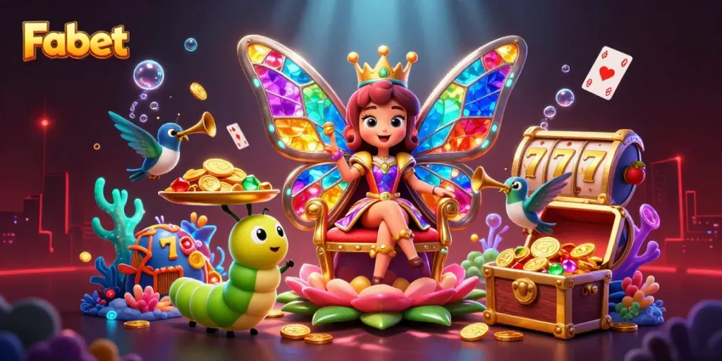 Experience the vibrant world of Fabet with a cartoon butterfly queen and colorful casino elements.