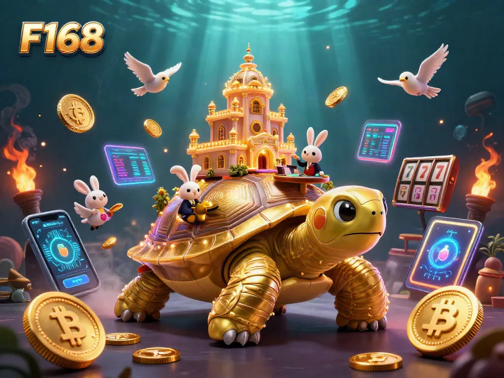 Join the fun at F168 casino with vibrant slot reels, a lively rabbit dealer, and animated golden tortoise!