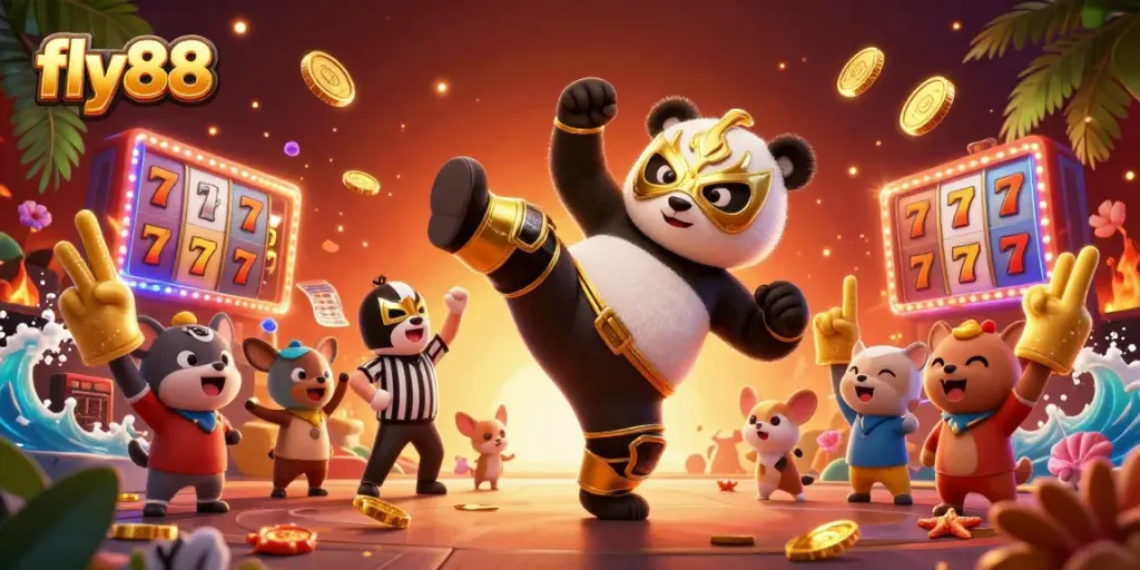 Experience excitement with fly88 as a panda wrestler kicks off an animated slots game!
