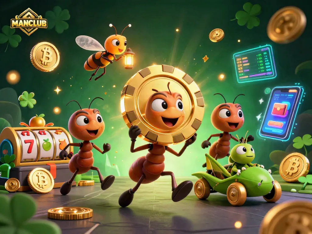 Join the MANCLUB ants carrying a golden poker chip in a thrilling heist scene filled with slot reels.
