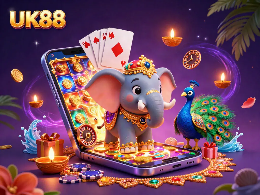 Experience the excitement of UK88 with an epic casino-themed scene featuring vibrant characters and games.