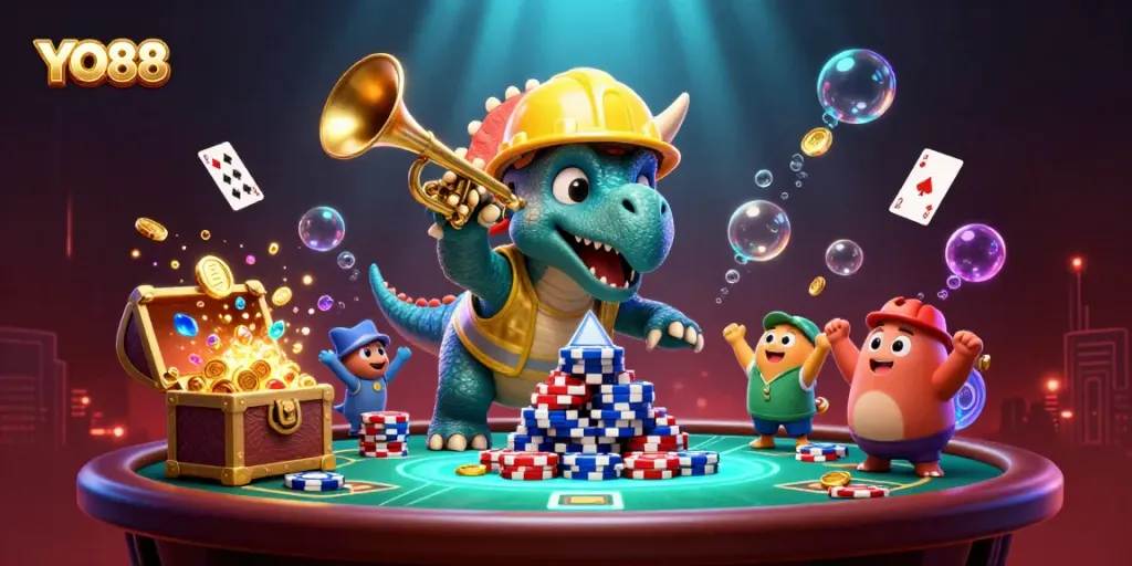 Build your poker strategy with YO88’s dynamic gaming scene featuring vibrant characters and action.