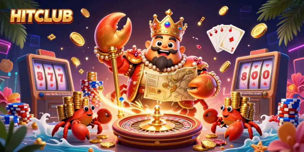 Engage in HITCLUB's vibrant casino world, featuring a golden crab emperor among shimmering treasures and dynamic game elements.