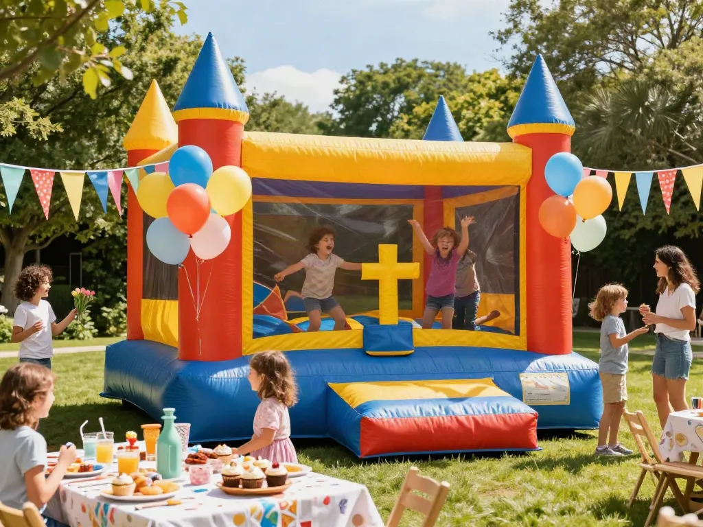 Kids enjoying a vibrant bounce castle at an outdoor birthday party filled with joy and excitement.