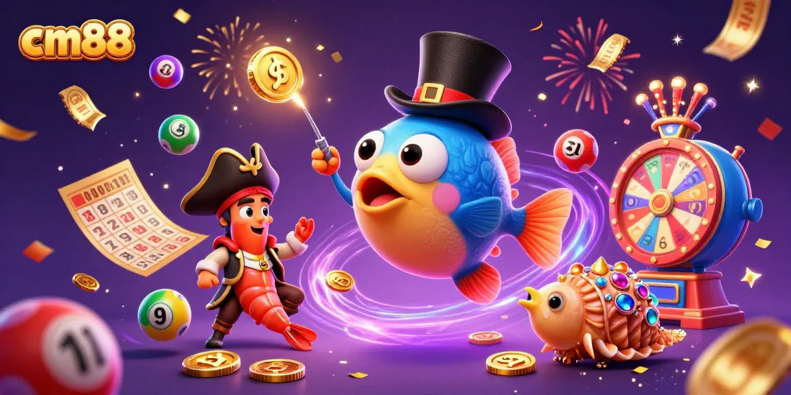 cm88 offers an exciting gaming experience with a vibrant lottery-themed illustration featuring glowing coins and festive elements