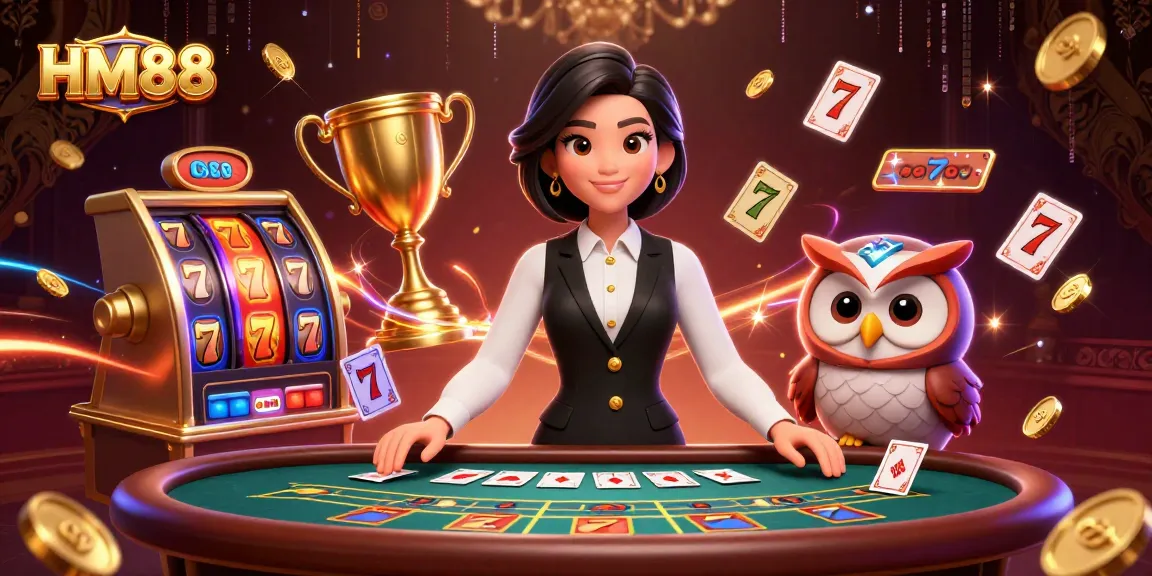 Experience the thrill of gambling with HM88 at a luxury baccarat table, featuring dynamic slot elements.