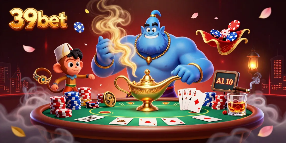 Experience thrilling gaming action with 39bet's enchanting genie, poker chips, and magical atmosphere.