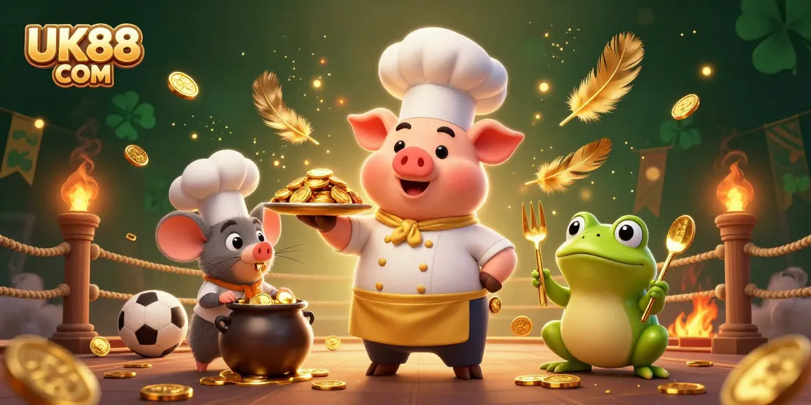 Engage with UK88 COM's dynamic sports betting scene featuring a chef pig and gold elements.