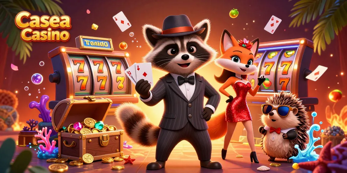 Experience the excitement at Casea Casino with a playful raccoon, a dazzling fox, and a hedgehog bouncer amidst a backdrop of gold coins and vibrant gaming elements.