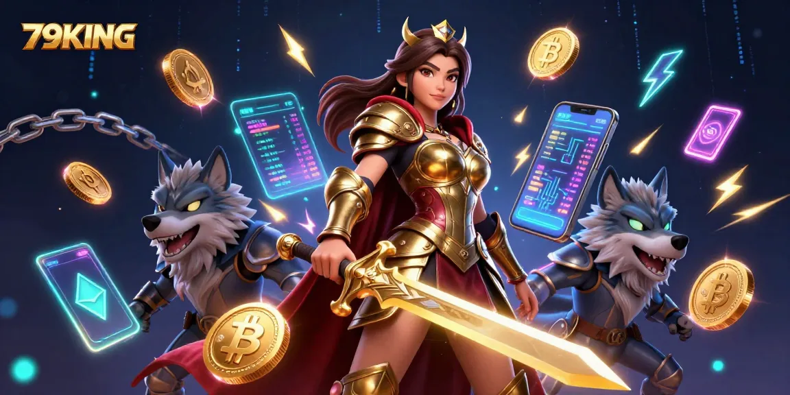 Engage with the thrilling world of 79KING, showcasing vibrant 3D casino elements and characters.
