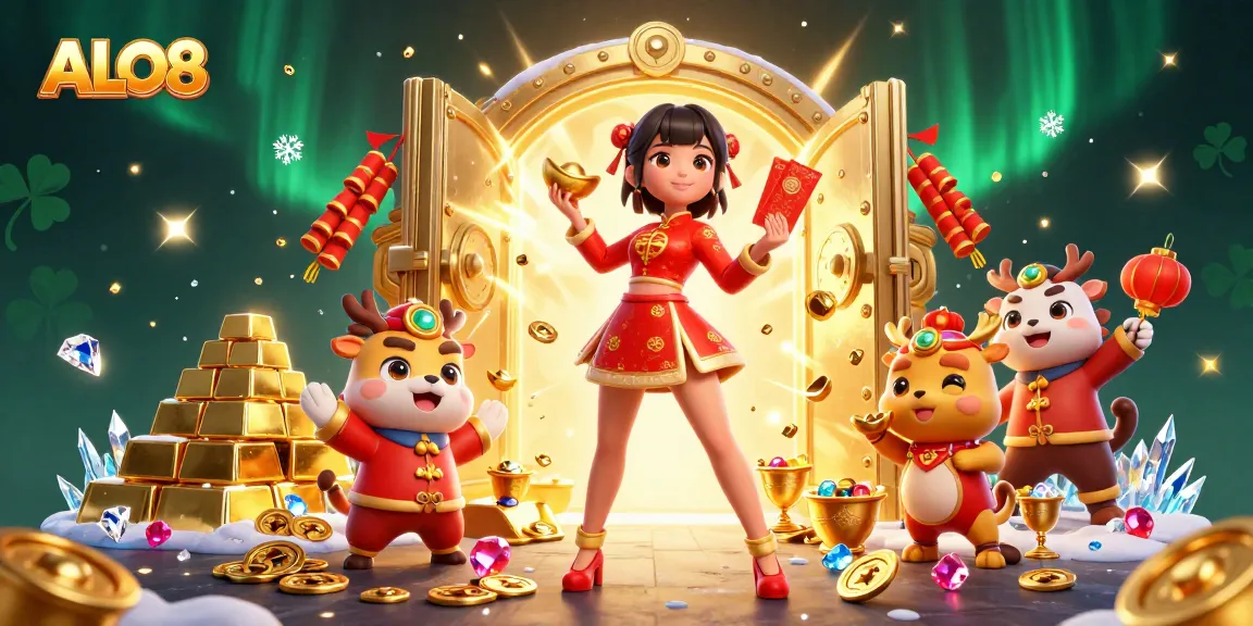 Experience ALO8's festive celebration with vibrant symbols, gold treasures, and exciting gambling elements.