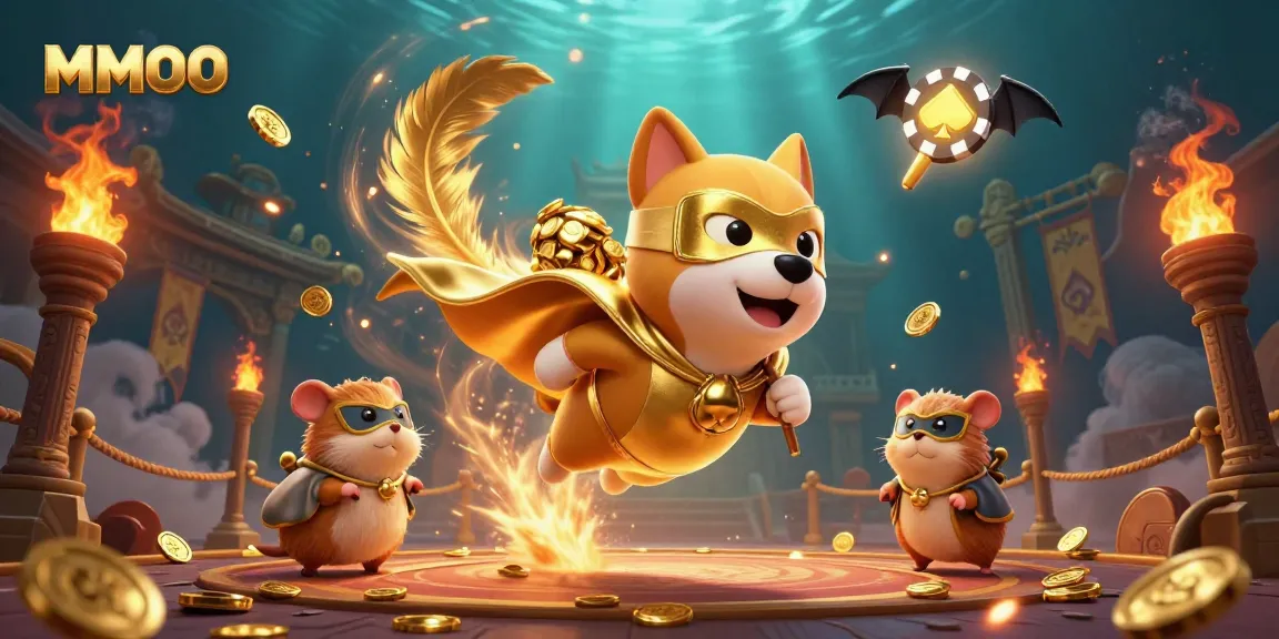Engage with MMOO gaming action featuring a superhero dog and vibrant casino elements.